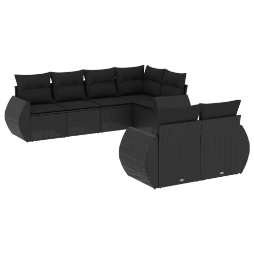  7 részes fekete polyrattan kerti ülőgarnitúra párnával