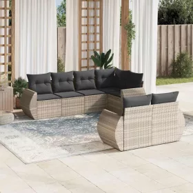    7 részes világosszürke polyrattan kerti ülőgarnitúra párnákkal