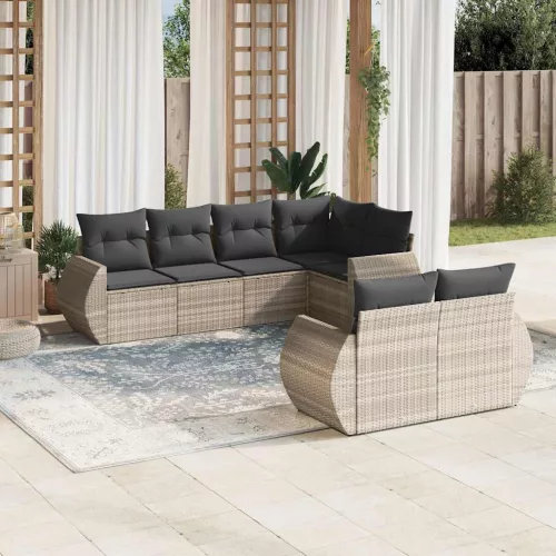  7 részes világosszürke polyrattan kerti ülőgarnitúra párnákkal