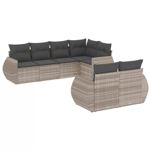  7 részes világosszürke polyrattan kerti ülőgarnitúra párnákkal