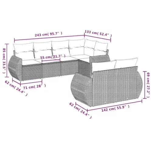  7 részes világosszürke polyrattan kerti ülőgarnitúra párnákkal