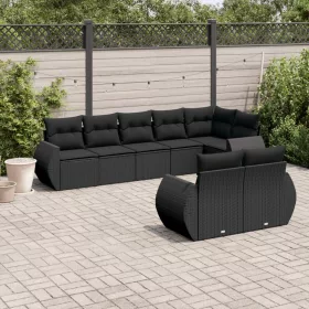    8 részes fekete polyrattan kerti ülőgarnitúra párnákkal