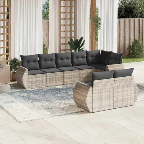  8 részes világosszürke polyrattan kerti ülőgarnitúra párnával