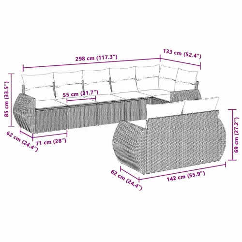  8 részes világosszürke polyrattan kerti ülőgarnitúra párnával