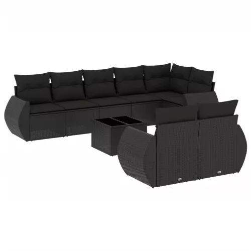 9 részes fekete polyrattan kerti ülőgarnitúra párnákkal