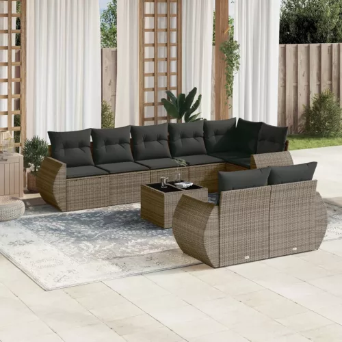  9 részes szürke polyrattan kerti ülőgarnitúra párnákkal