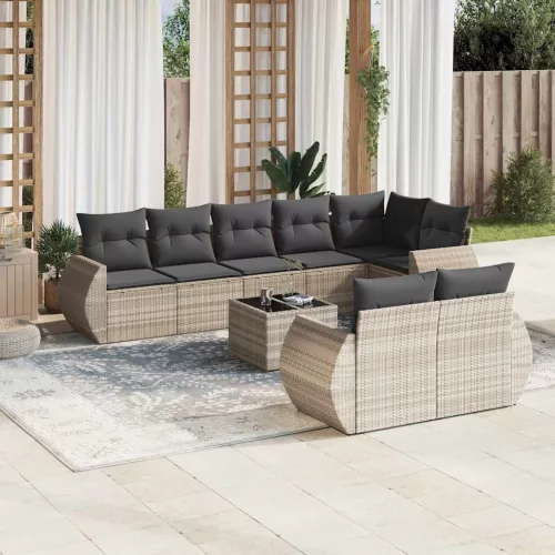  9 részes világosszürke polyrattan kerti ülőgarnitúra párnával