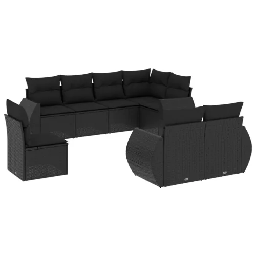  8 részes fekete polyrattan kerti ülőgarnitúra párnákkal