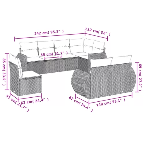  8 részes szürke polyrattan kerti ülőgarnitúra párnákkal