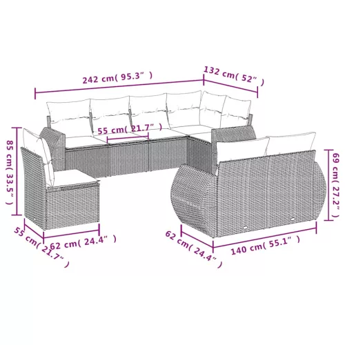  8 részes világosszürke polyrattan kerti ülőgarnitúra párnával