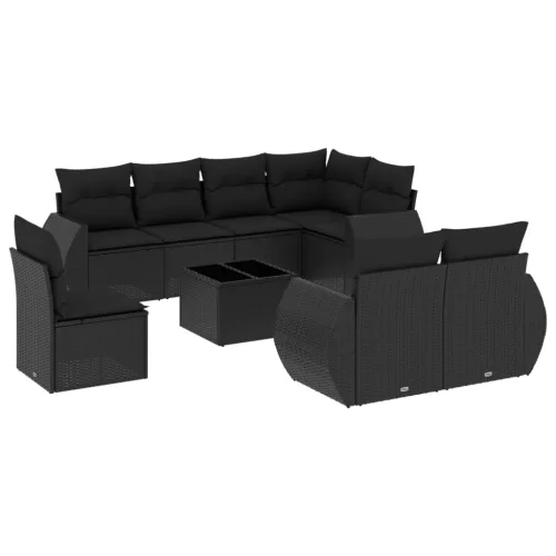  9 részes fekete polyrattan kerti ülőgarnitúra párnákkal