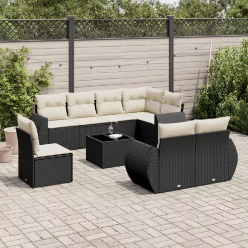  9 részes fekete polyrattan kerti ülőgarnitúra párnákkal