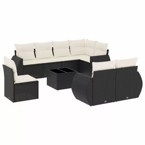  9 részes fekete polyrattan kerti ülőgarnitúra párnákkal