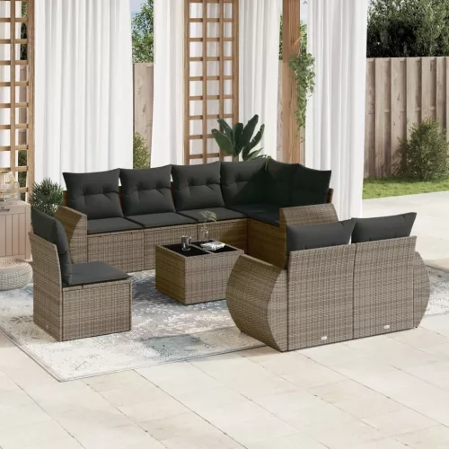  9 részes szürke polyrattan kerti ülőgarnitúra párnákkal
