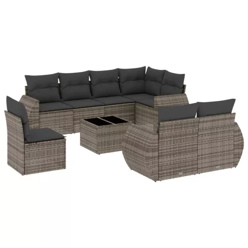  9 részes szürke polyrattan kerti ülőgarnitúra párnákkal