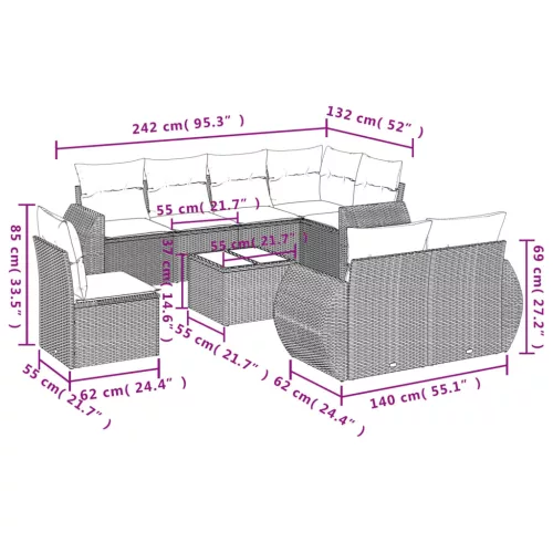  9 részes szürke polyrattan kerti ülőgarnitúra párnákkal