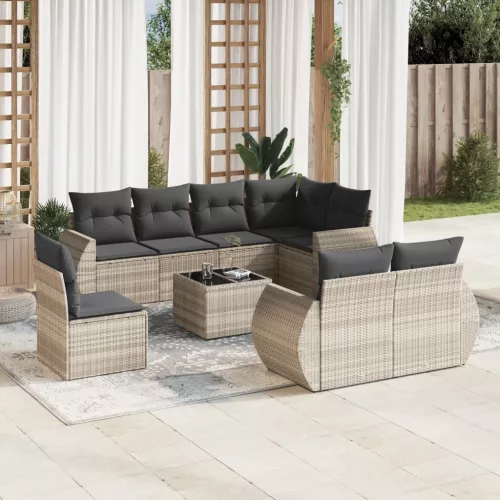  9 részes világosszürke polyrattan kerti ülőgarnitúra párnával