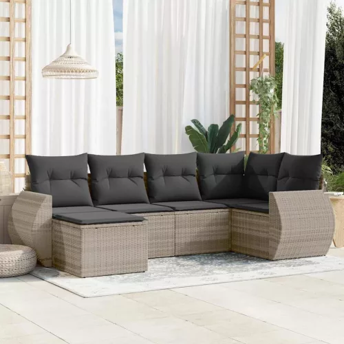  6 részes világosszürke polyrattan kerti ülőgarnitúra párnákkal