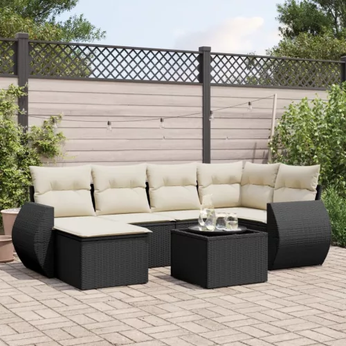  7 részes fekete polyrattan kerti ülőgarnitúra párnával