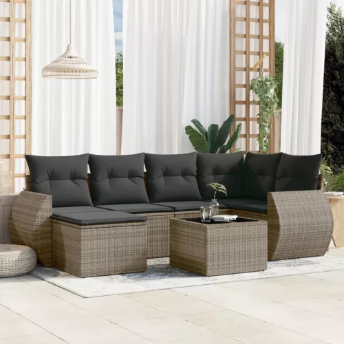  7 részes szürke polyrattan kerti ülőgarnitúra párnákkal