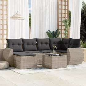    7 részes világosszürke polyrattan kerti ülőgarnitúra párnákkal