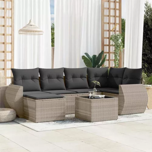  7 részes világosszürke polyrattan kerti ülőgarnitúra párnákkal