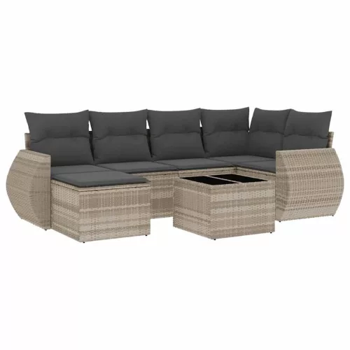  7 részes világosszürke polyrattan kerti ülőgarnitúra párnákkal