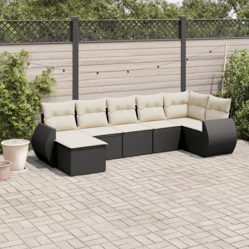  7 részes fekete polyrattan kerti ülőgarnitúra párnával