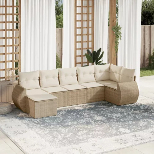  7 részes bézs polyrattan kerti ülőgarnitúra párnákkal