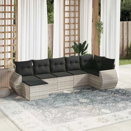  7 részes világosszürke polyrattan kerti ülőgarnitúra párnákkal