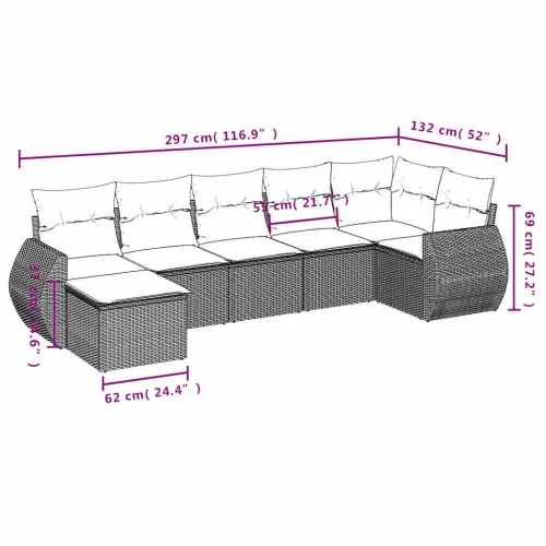  7 részes világosszürke polyrattan kerti ülőgarnitúra párnákkal
