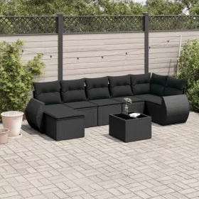    8 részes fekete polyrattan kerti ülőgarnitúra párnákkal