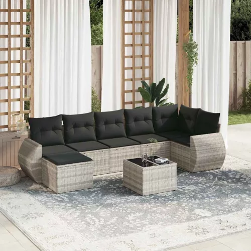 8 részes világosszürke polyrattan kerti ülőgarnitúra párnával