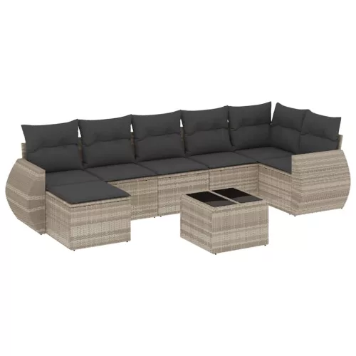  8 részes világosszürke polyrattan kerti ülőgarnitúra párnával