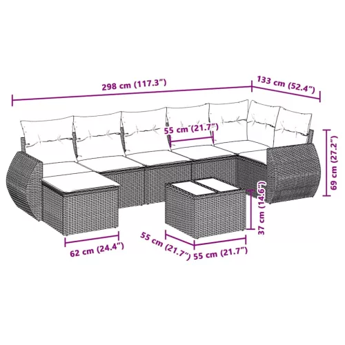 8 részes világosszürke polyrattan kerti ülőgarnitúra párnával