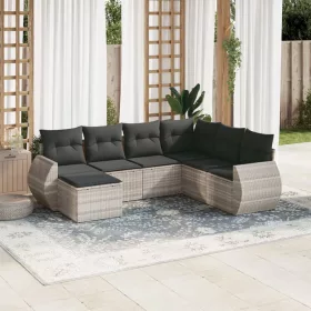    7 részes világosszürke polyrattan kerti ülőgarnitúra párnákkal