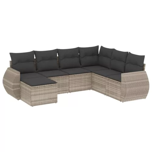  7 részes világosszürke polyrattan kerti ülőgarnitúra párnákkal