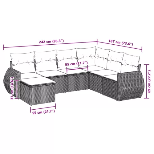  7 részes világosszürke polyrattan kerti ülőgarnitúra párnákkal