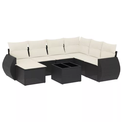  8 részes fekete polyrattan kerti ülőgarnitúra párnákkal