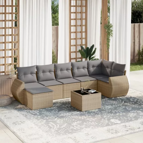  8 részes bézs polyrattan kerti ülőgarnitúra párnával