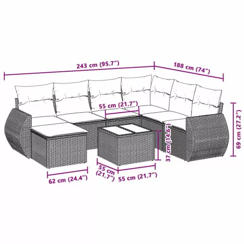  8 részes világosszürke polyrattan kerti ülőgarnitúra párnával