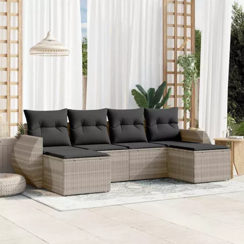  6 részes világosszürke polyrattan kerti ülőgarnitúra párnákkal
