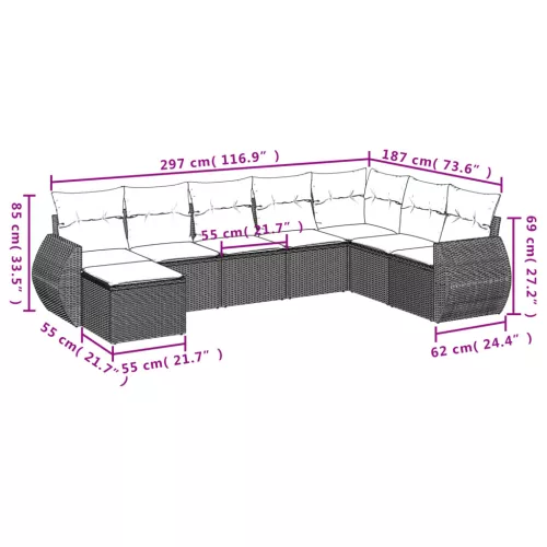 8 részes szürke polyrattan kerti ülőgarnitúra párnákkal