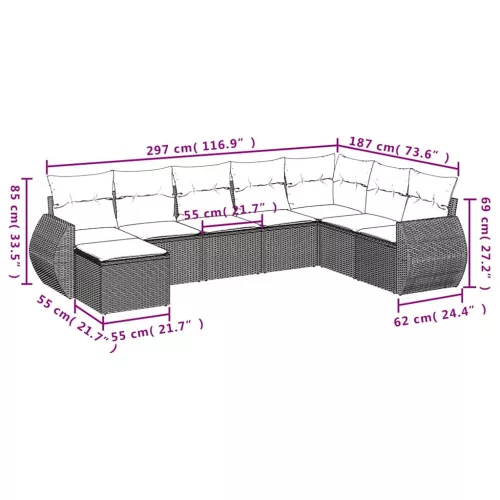  8 részes világosszürke polyrattan kerti ülőgarnitúra párnával