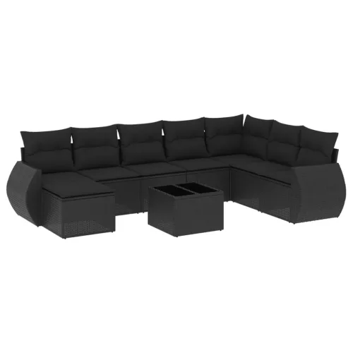  9 részes fekete polyrattan kerti ülőgarnitúra párnákkal