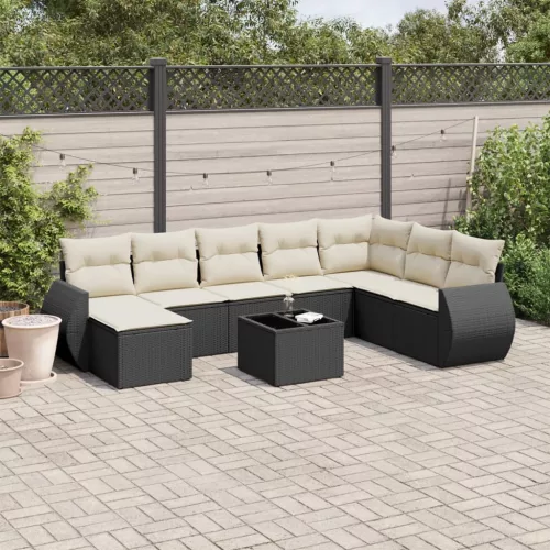  9 részes fekete polyrattan kerti ülőgarnitúra párnákkal