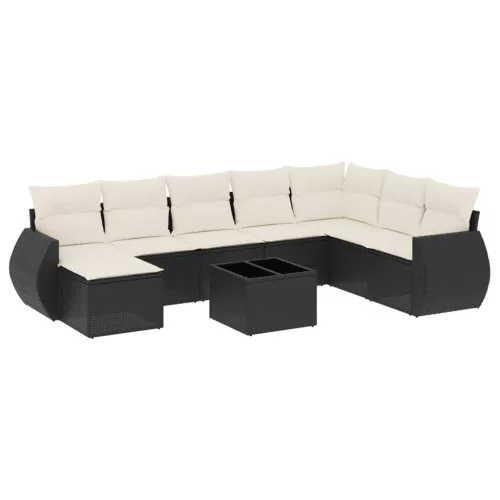  9 részes fekete polyrattan kerti ülőgarnitúra párnákkal