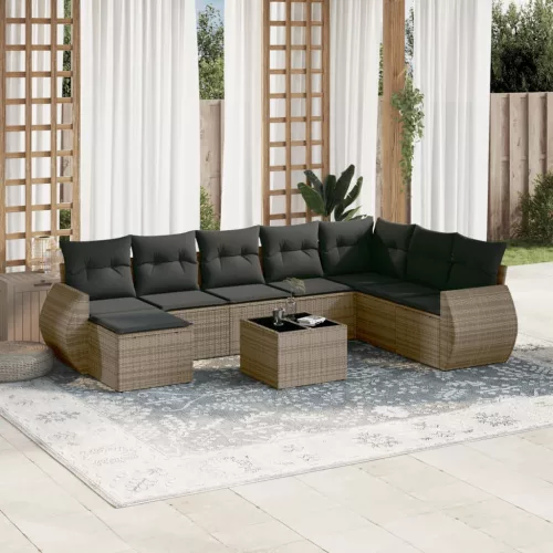  9 részes szürke polyrattan kerti ülőgarnitúra párnákkal