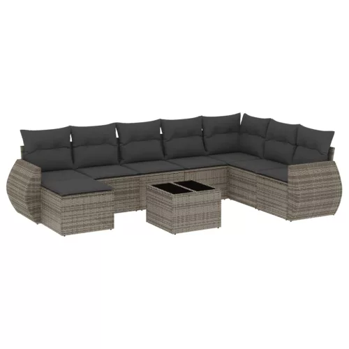  9 részes szürke polyrattan kerti ülőgarnitúra párnákkal
