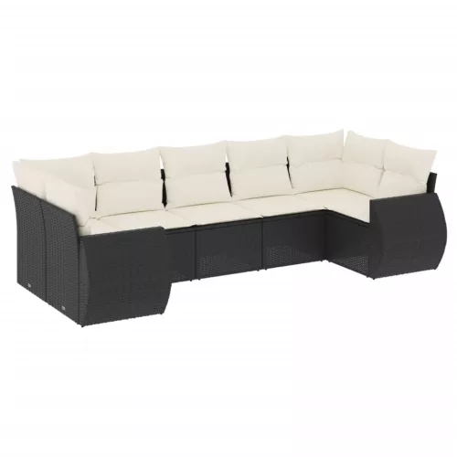  7 részes fekete polyrattan kerti ülőgarnitúra párnával